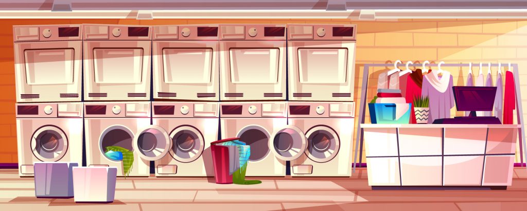 The laundromat, washing machines and dryers.